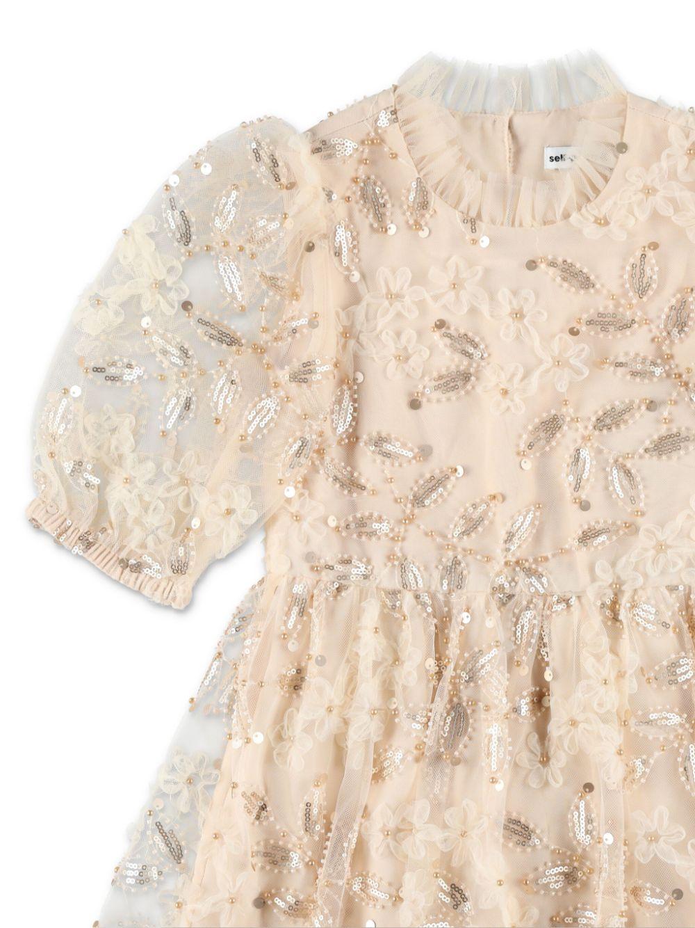 Abito con paillettes per bambina Self - Portrait Kids beige con inserti semi trasparenti - Rubino Kids