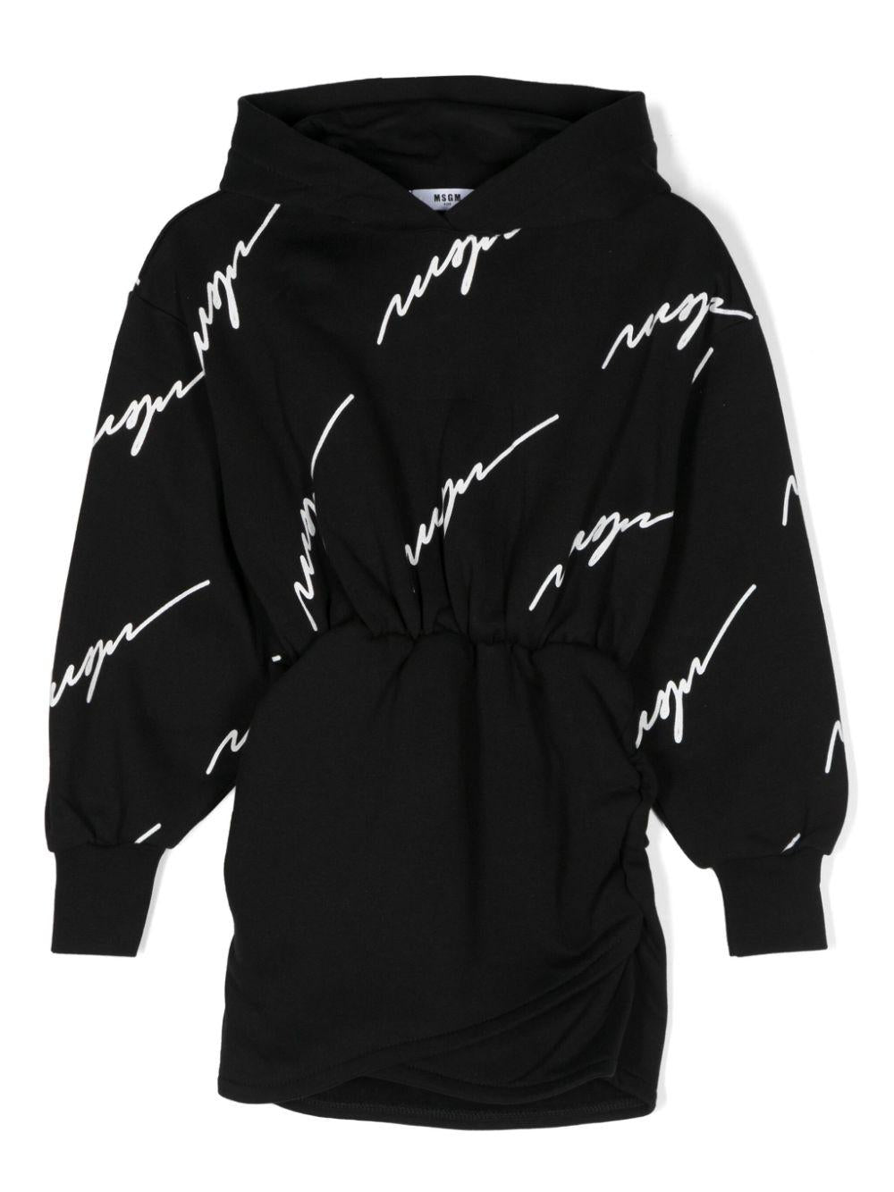 Abito corto con stampa per bambina MSGM Kids nero con cappuccio - Rubino Kids