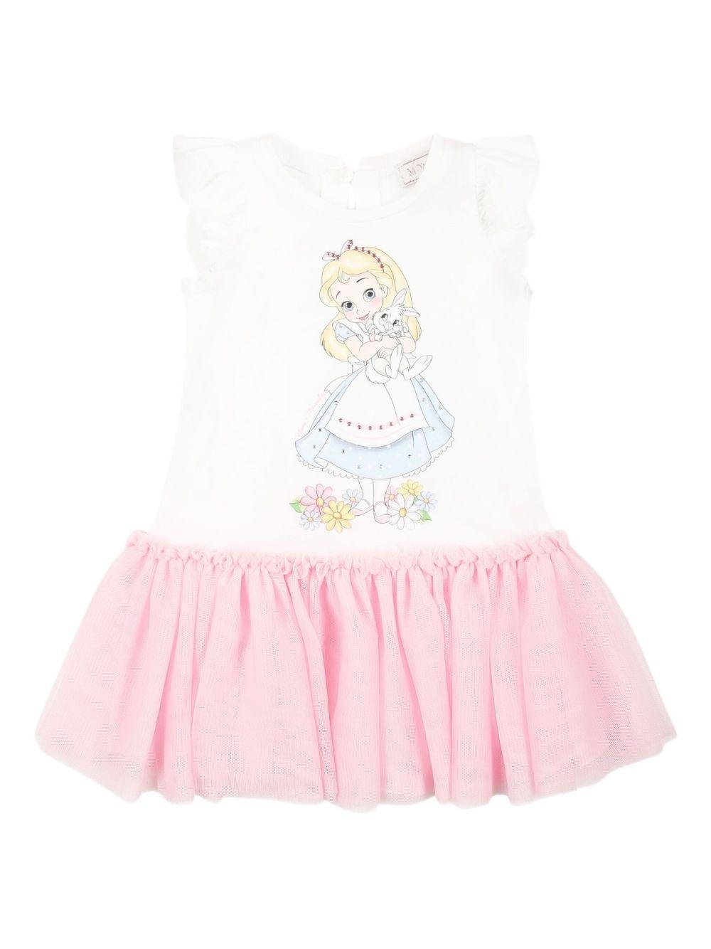 Abito in cotone per neonata Monnalisa bianco con stampa Alice - Rubino Kids
