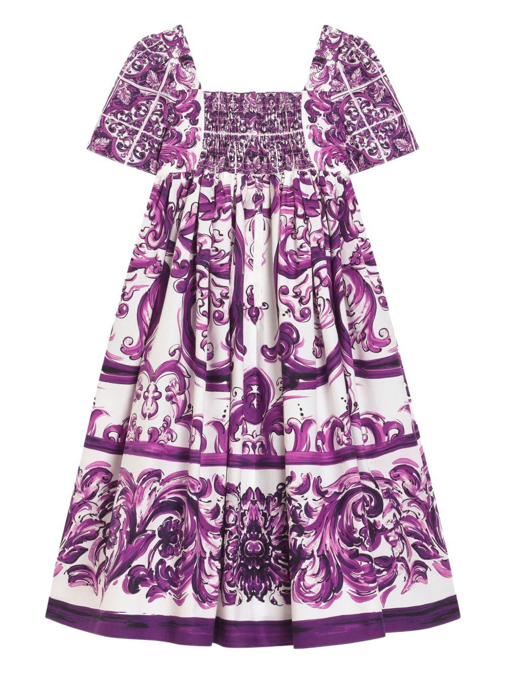 Abito per bambina Dolce & Gabbana Kids viola in popeline con stampa maioliche - Rubino Kids