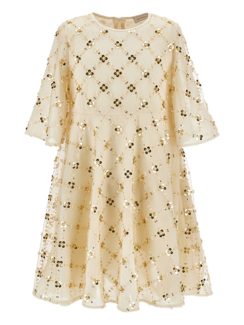 Abito per bambina Monnalisa beige con decorazione a paillettes - Rubino Kids