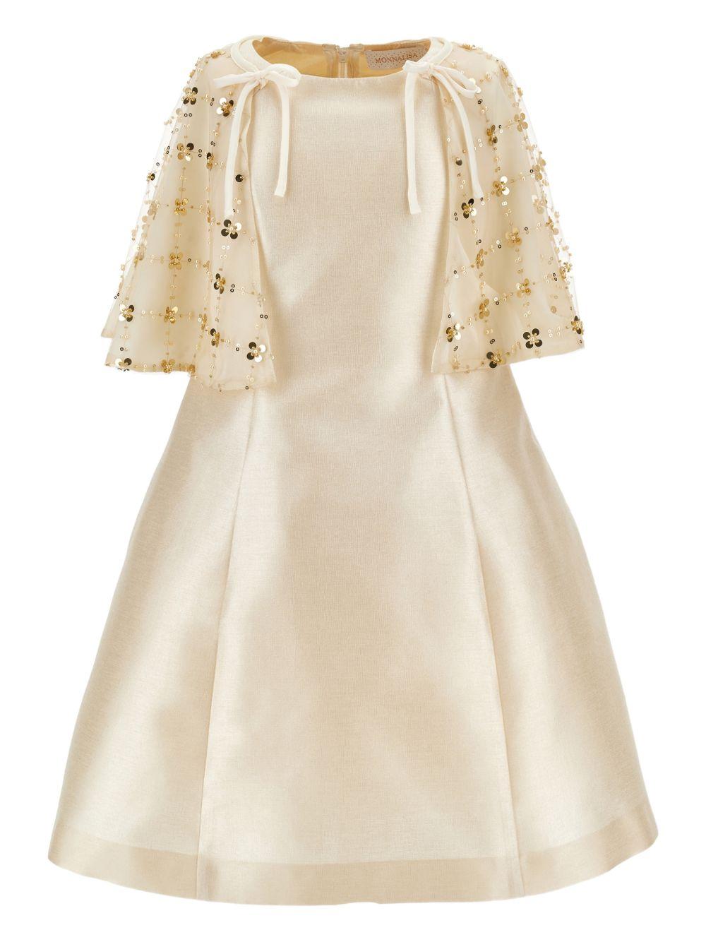 Abito per bambina Monnalisa beige con mantella con decorazione floreale - Rubino Kids