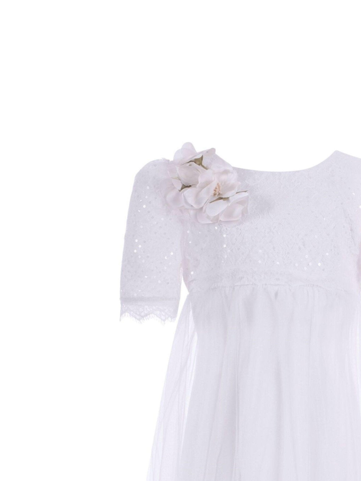 Abito per bambina Monnalisa bianco con applicazione fiori e paillettes - Rubino Kids
