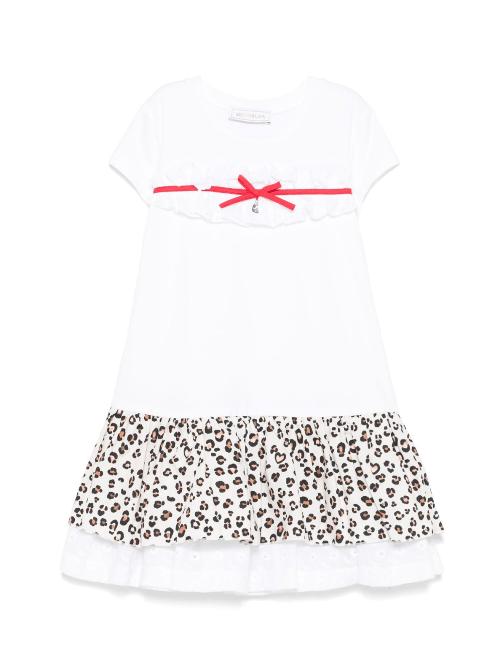 Abito per bambina Monnalisa bianco con ruches e dettaglio leopardato - Rubino Kids