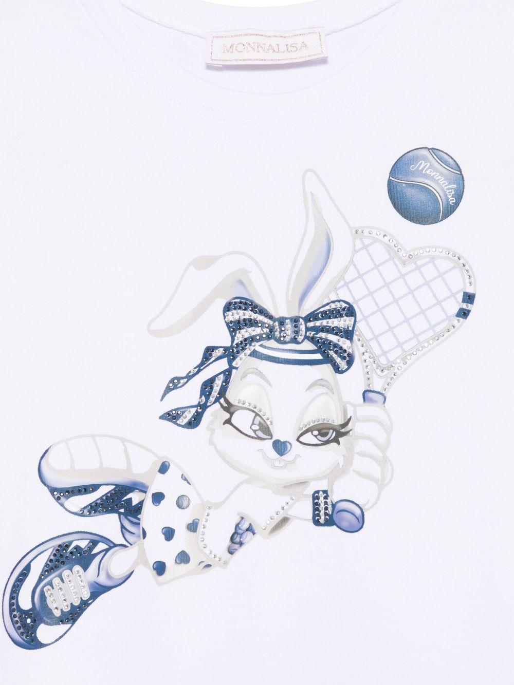 Abito per bambina Monnalisa bianco con stampa grafica e decorazione con strass - Rubino Kids