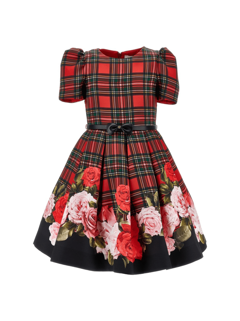 Abito per bambina Monnalisa rosso con motivo a quadretti e stampa con fiori - Rubino Kids