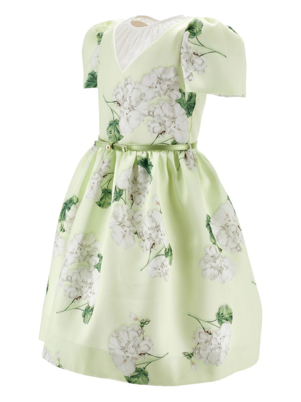 Abito per bambina Monnalisa verde con stampa grafica a fiori con cintura - Rubino Kids