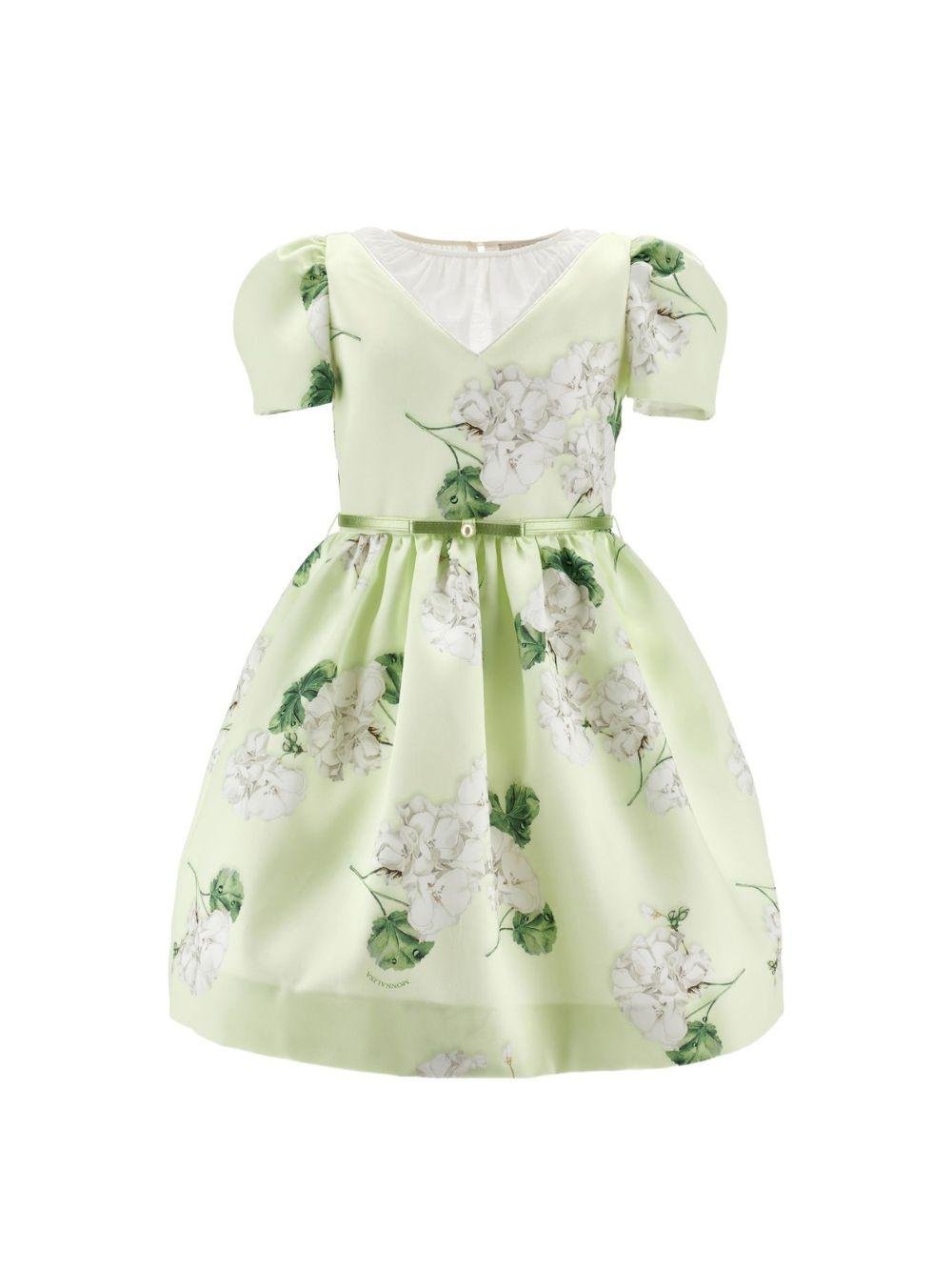 Abito per bambina Monnalisa verde con stampa grafica a fiori con cintura - Rubino Kids