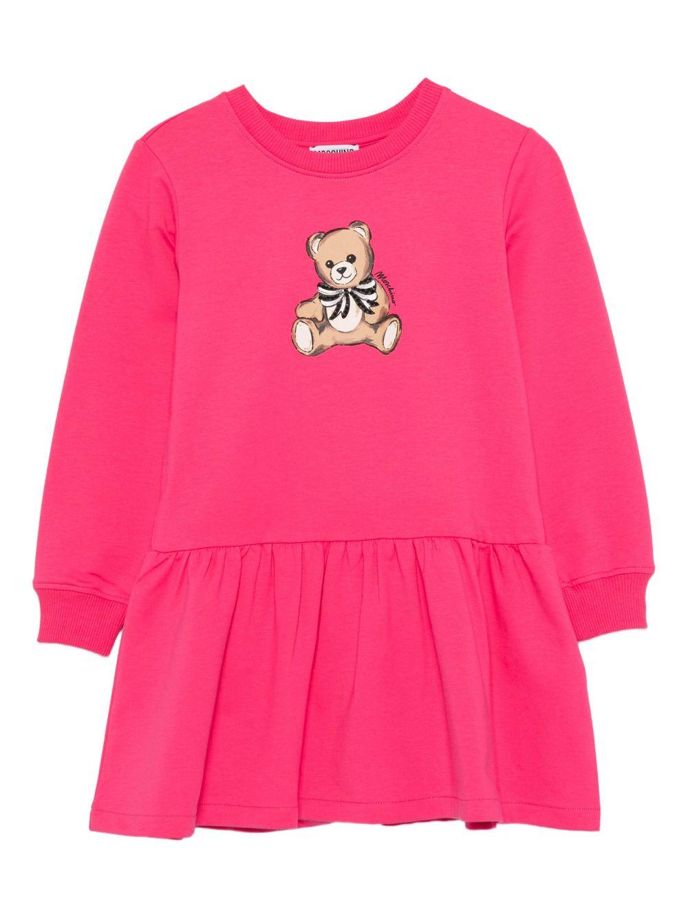 Moschino Kids fuchsia dress for girls with teddy bear print