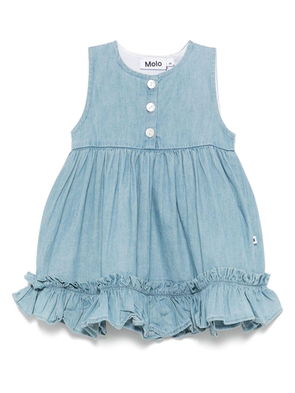 Abito per neonata Molo azzurro con chiusura posteriore con bottone e dettaglio con ruches - Rubino Kids