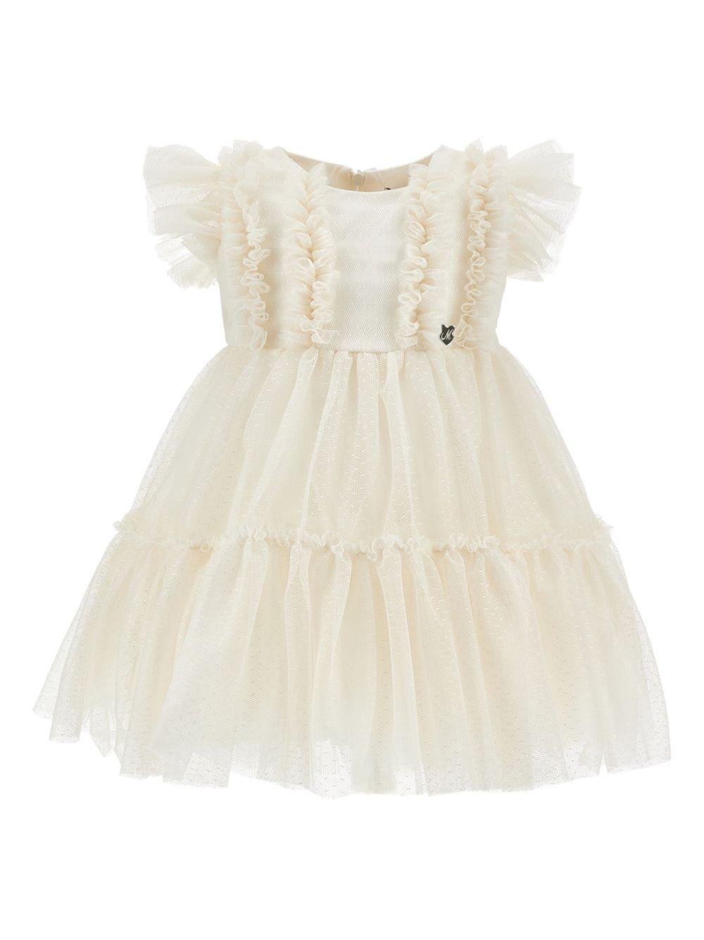 Abito per neonata Monnalisa beige con ruches e inserti in tulle - Rubino Kids