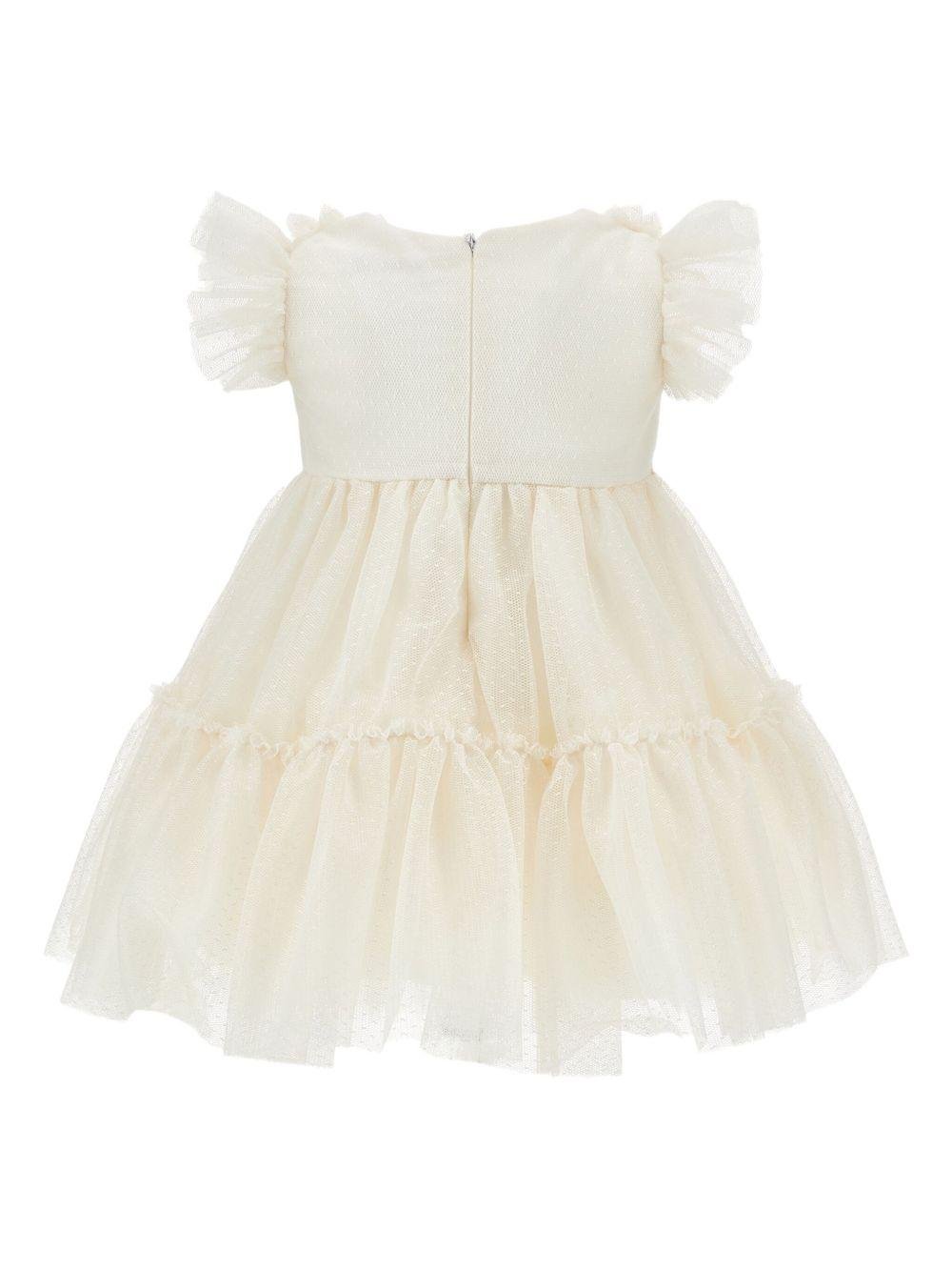 Abito per neonata Monnalisa beige con ruches e inserti in tulle - Rubino Kids