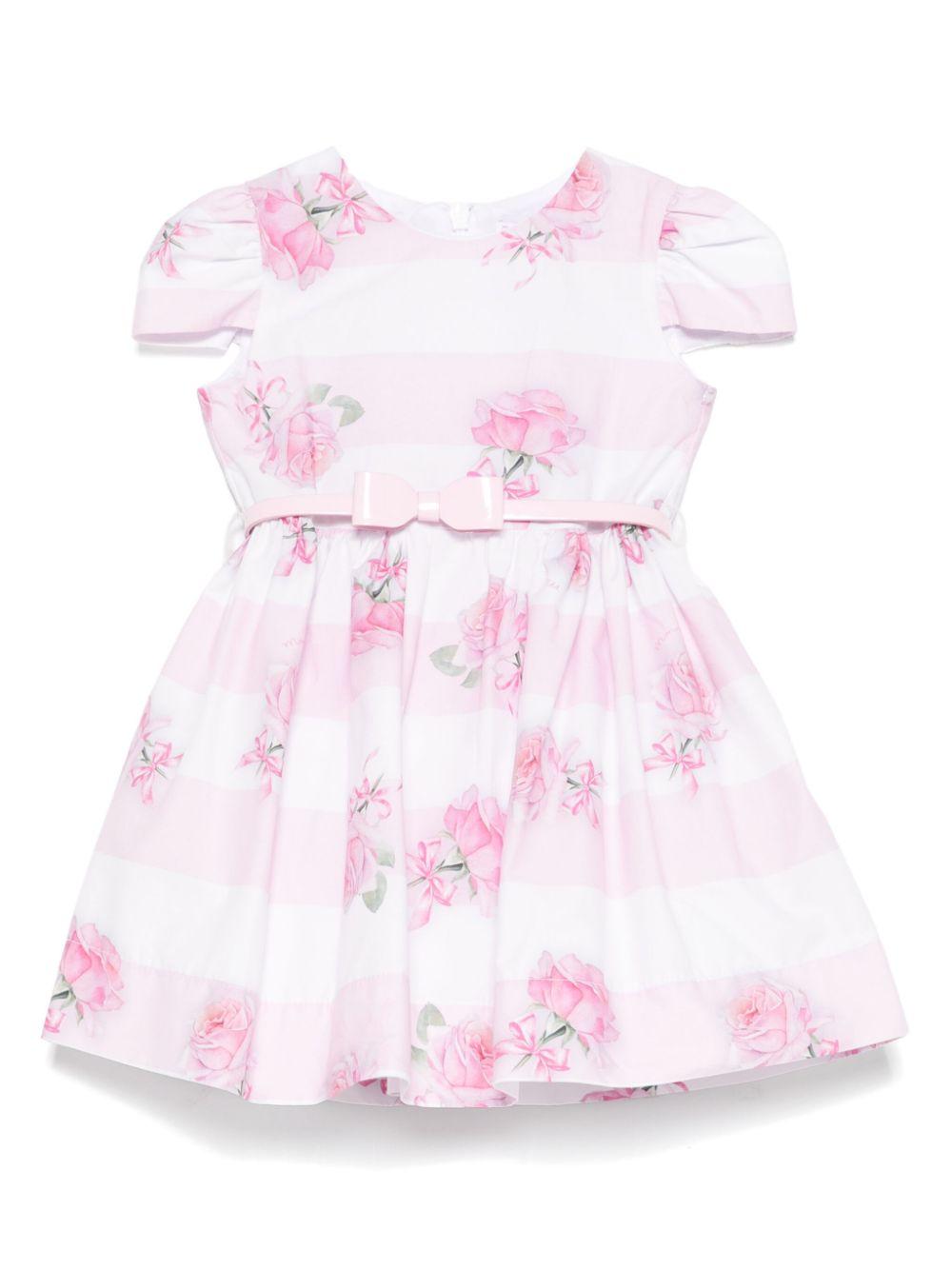 Abito per neonata Monnalisa rosa con stampa rose all - over - Rubino Kids