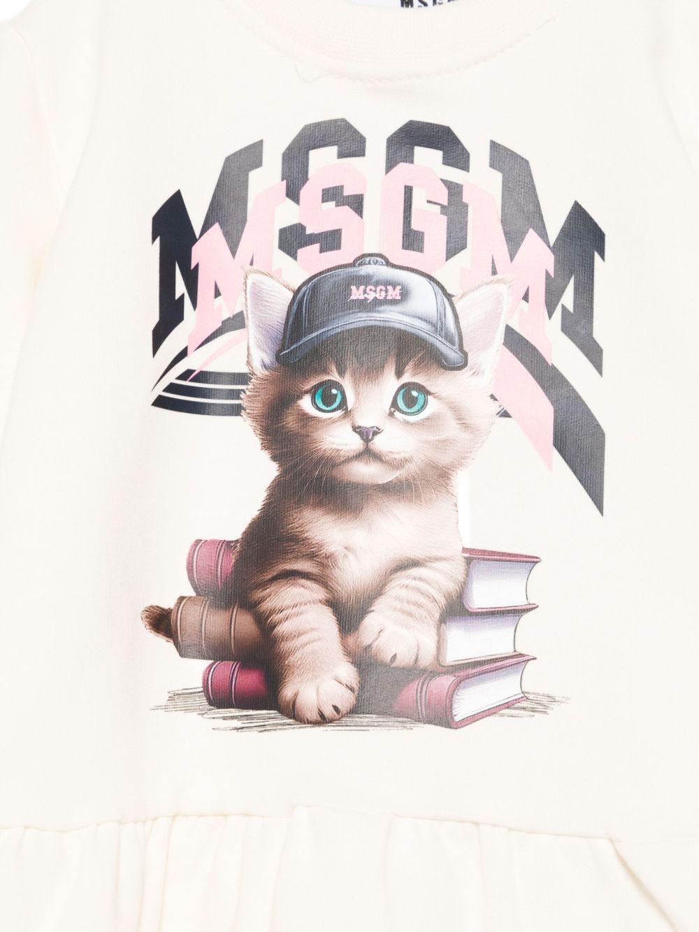 Abito per neonata MSGM Kids bianco con stampa gatto - Rubino Kids