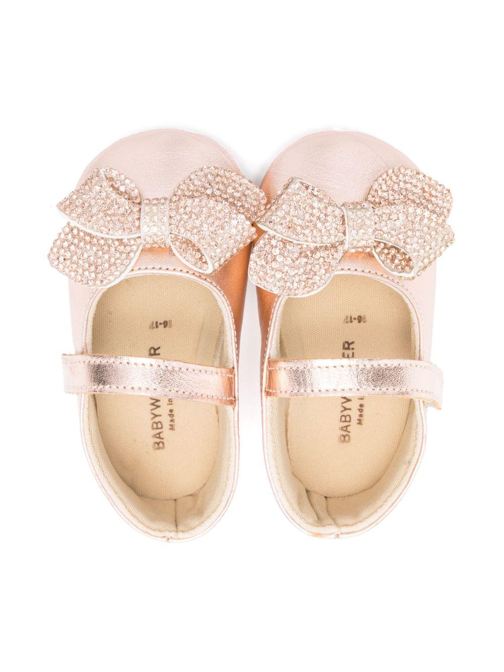 Ballerine con fiocco e cristalli per neonata BabyWalker oro con chiusura a strappo - Rubino Kids