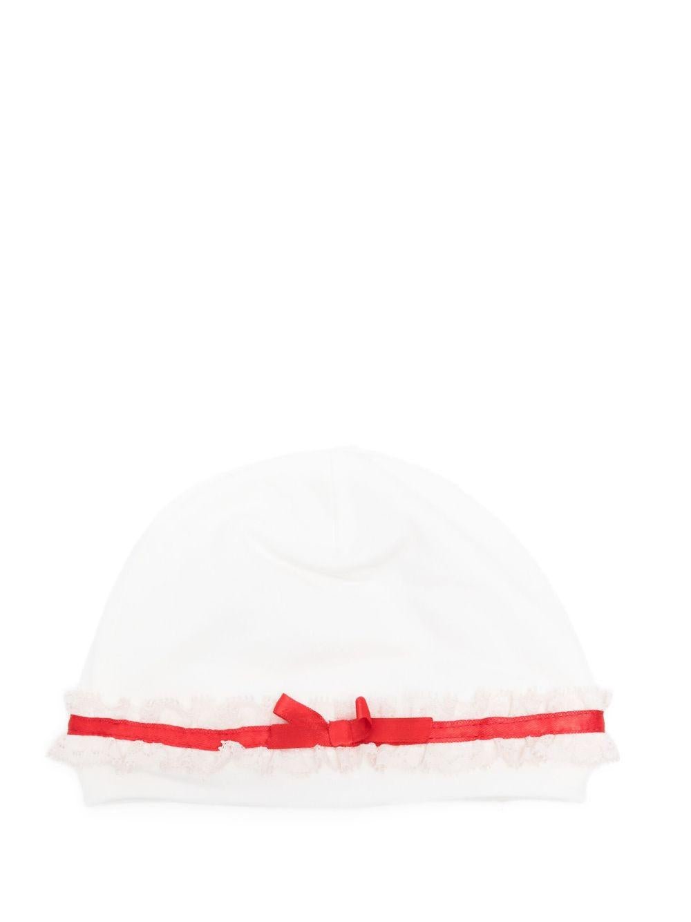 Berretto per neonata Monnalisa bianco con nastro rosso - Rubino Kids