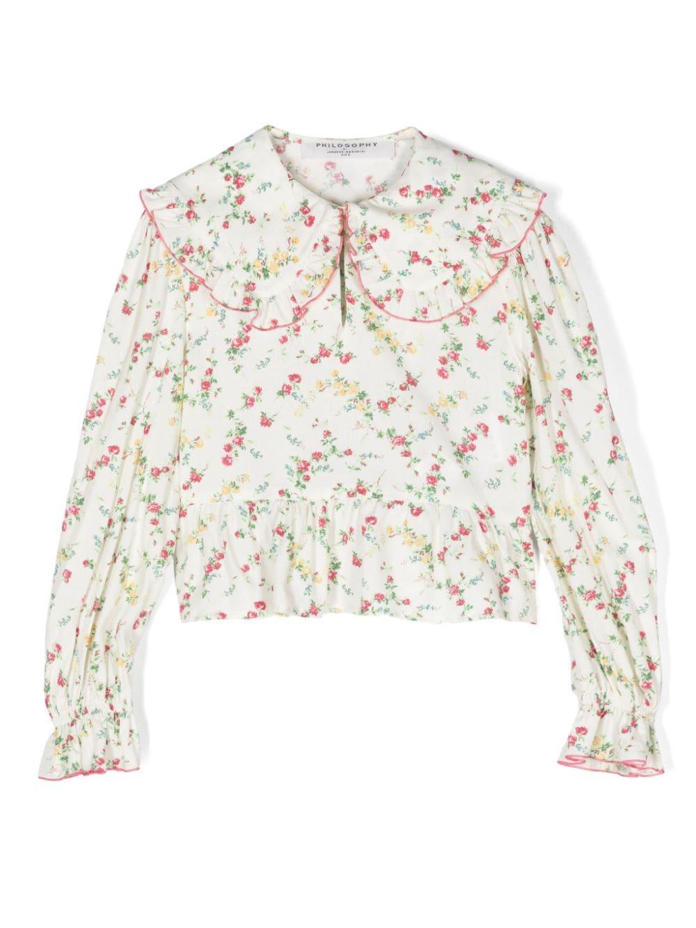 Blusa a fiori per bambina Philosophy Di Lorenzo Serafini Kids bianco con scollo a goccia - Rubino Kids