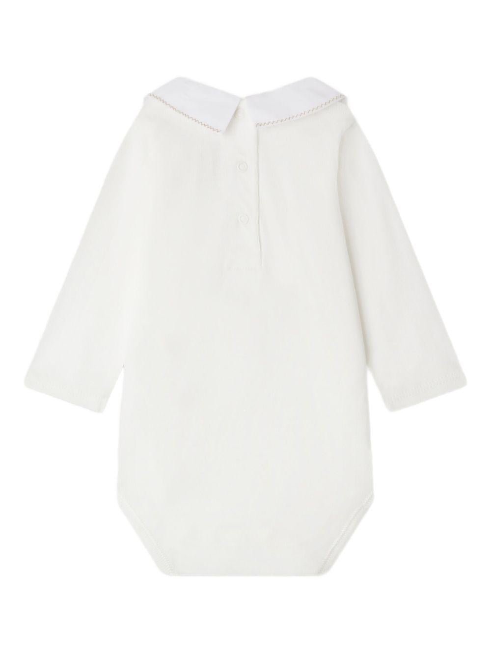 Body per neonata Bonpoint bianco con colletto Peter Pan ricamato e cucitire beige - Rubino Kids