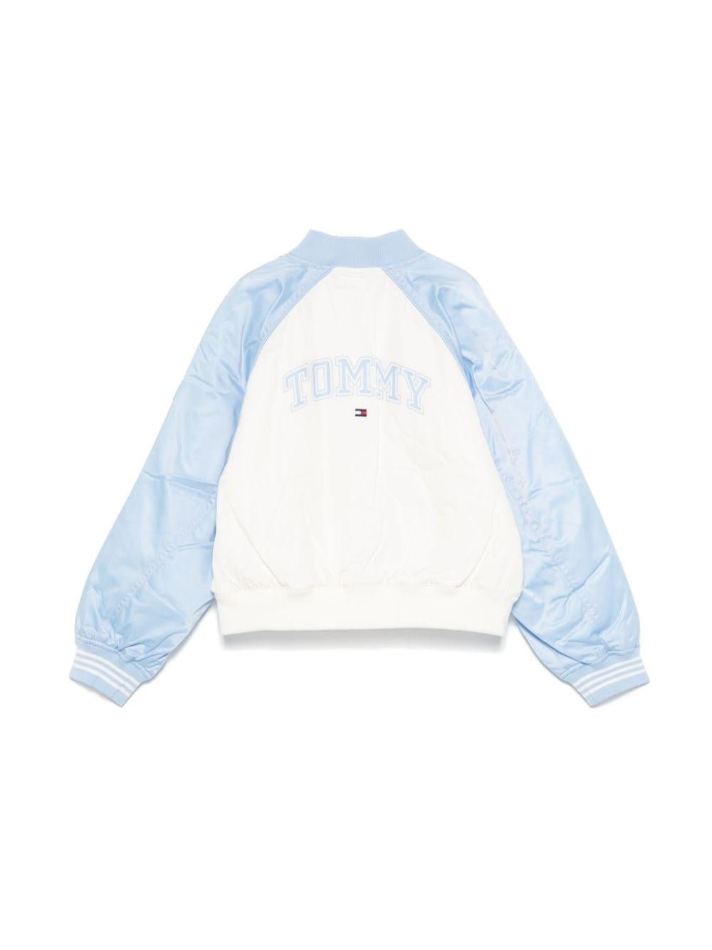 Bomber per bambina Tommy Hilfiger Junior azzurro e bianco con colletto a coste - Rubino Kids