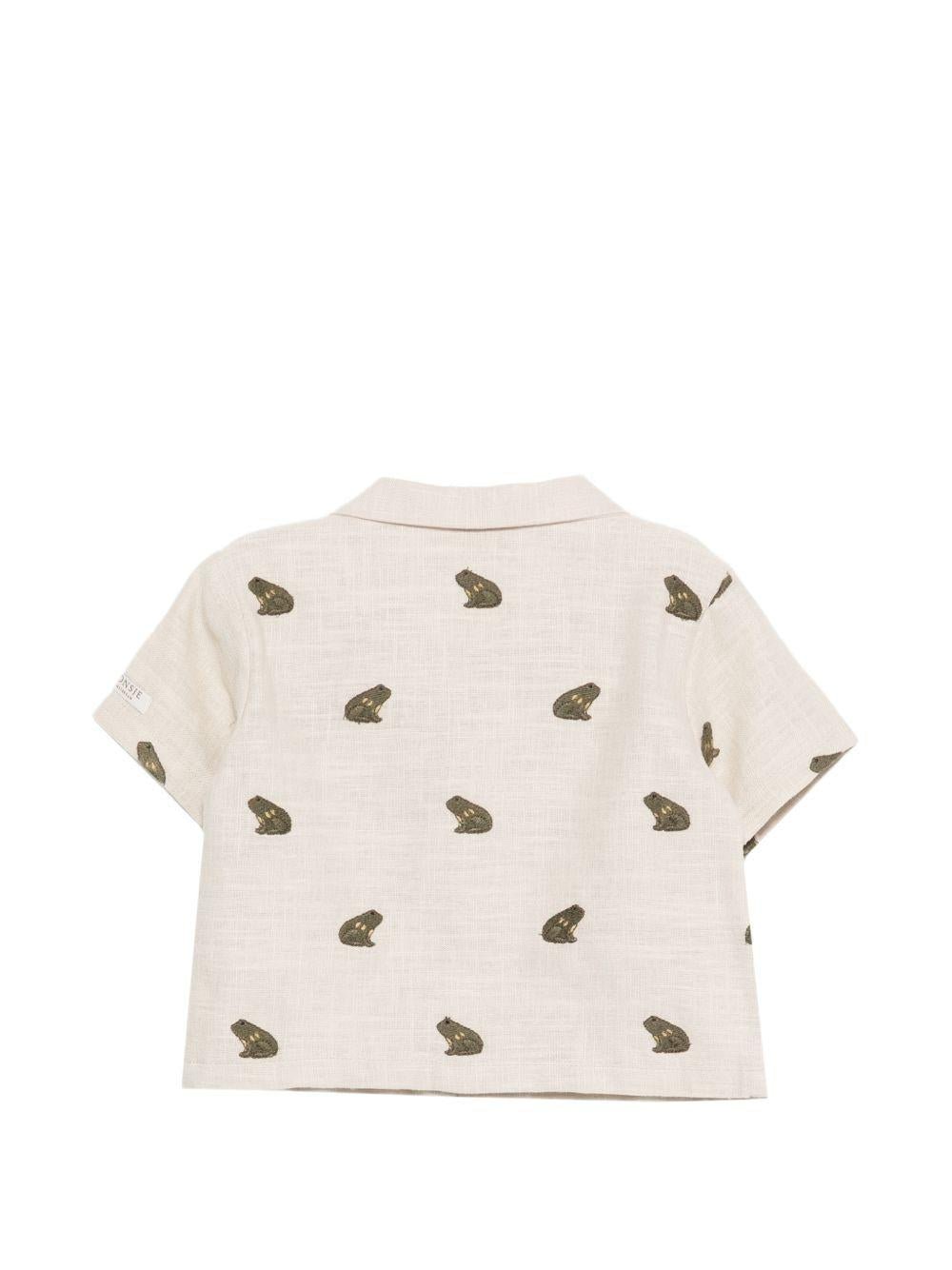 Camicia Deccie per neonato Donsje beige con ricamo rane all - over - Rubino Kids