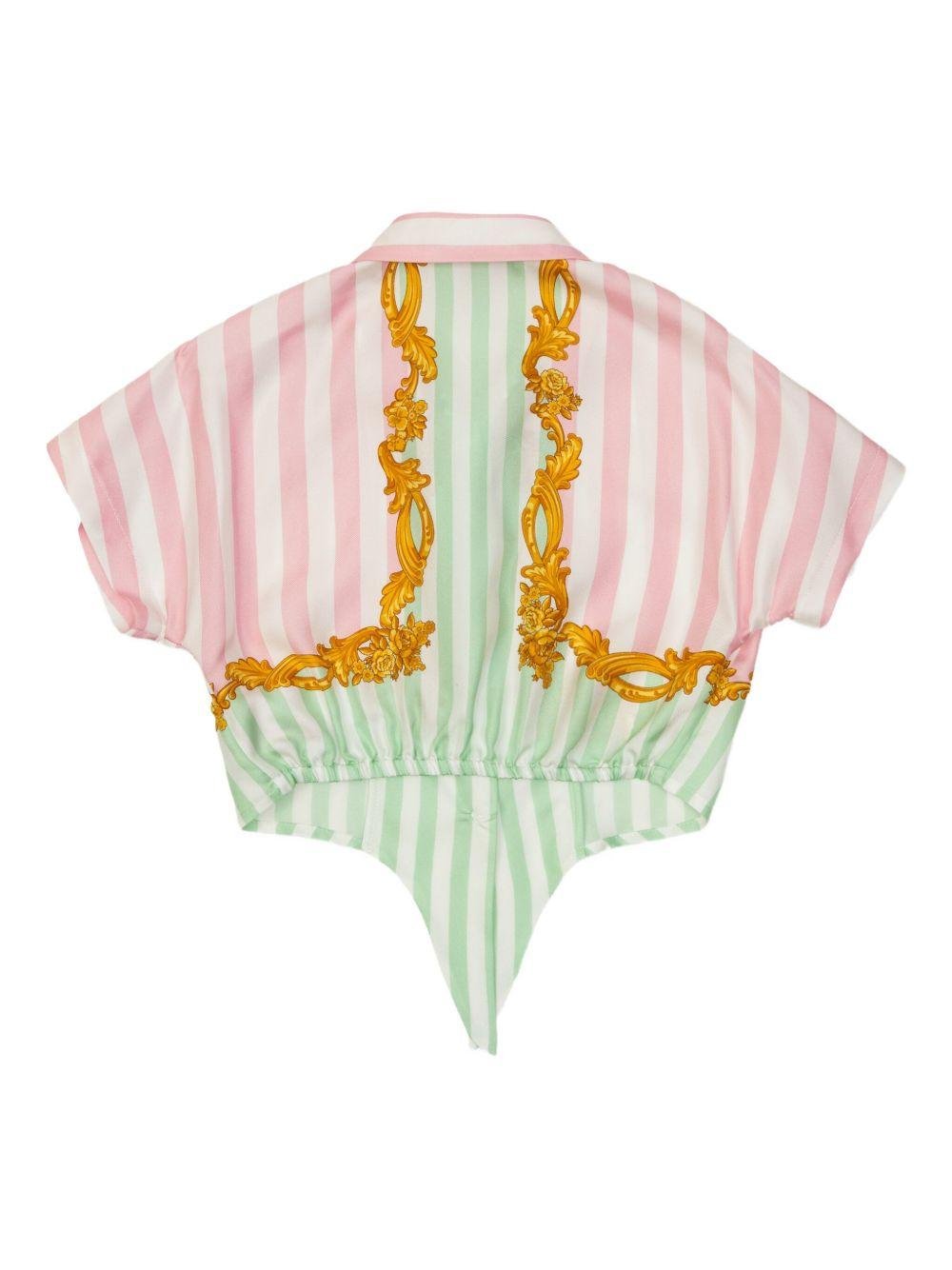 Camicia per bambina Versace Kids rosa e verde modello crop a righe con ricamo - Rubino Kids