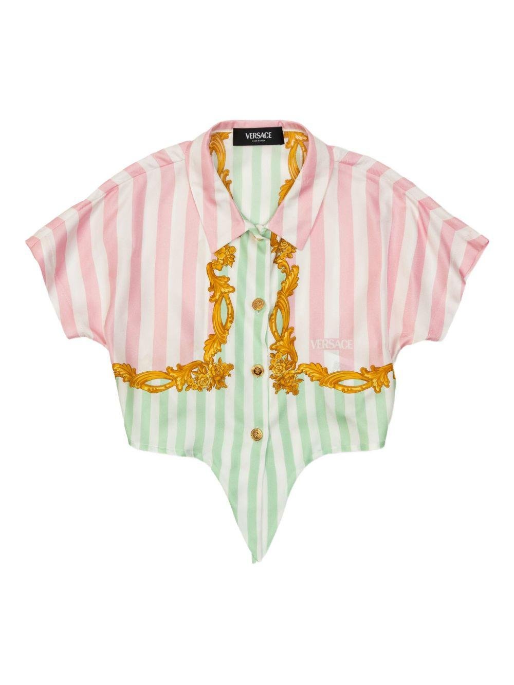 Camicia per bambina Versace Kids rosa e verde modello crop a righe con ricamo - Rubino Kids