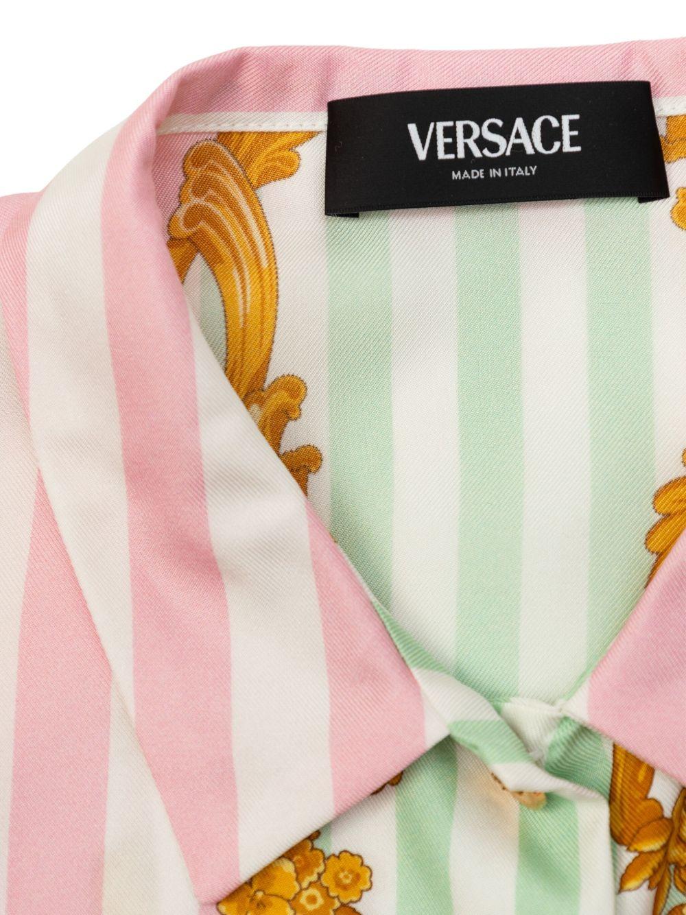 Camicia per bambina Versace Kids rosa e verde modello crop a righe con ricamo - Rubino Kids