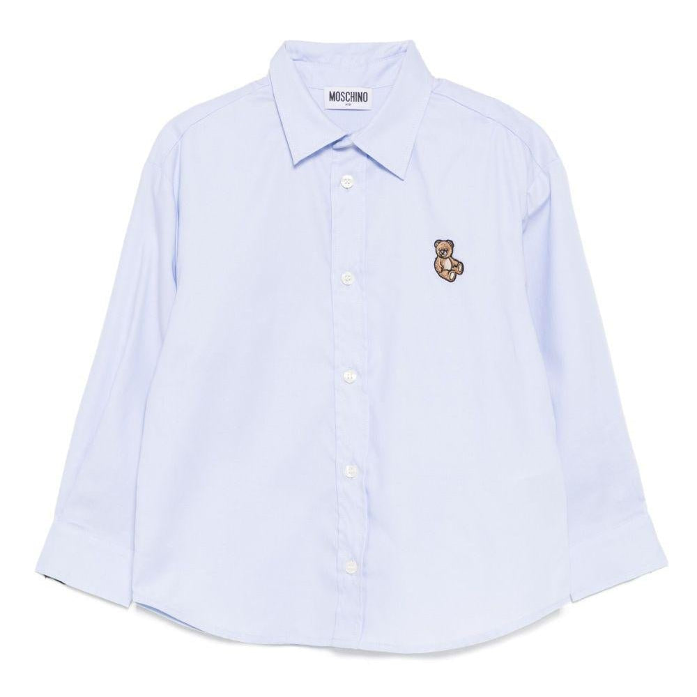 Camicia per bambino Moschino Kids azzurro in cotone con applicazione logo - Rubino Kids