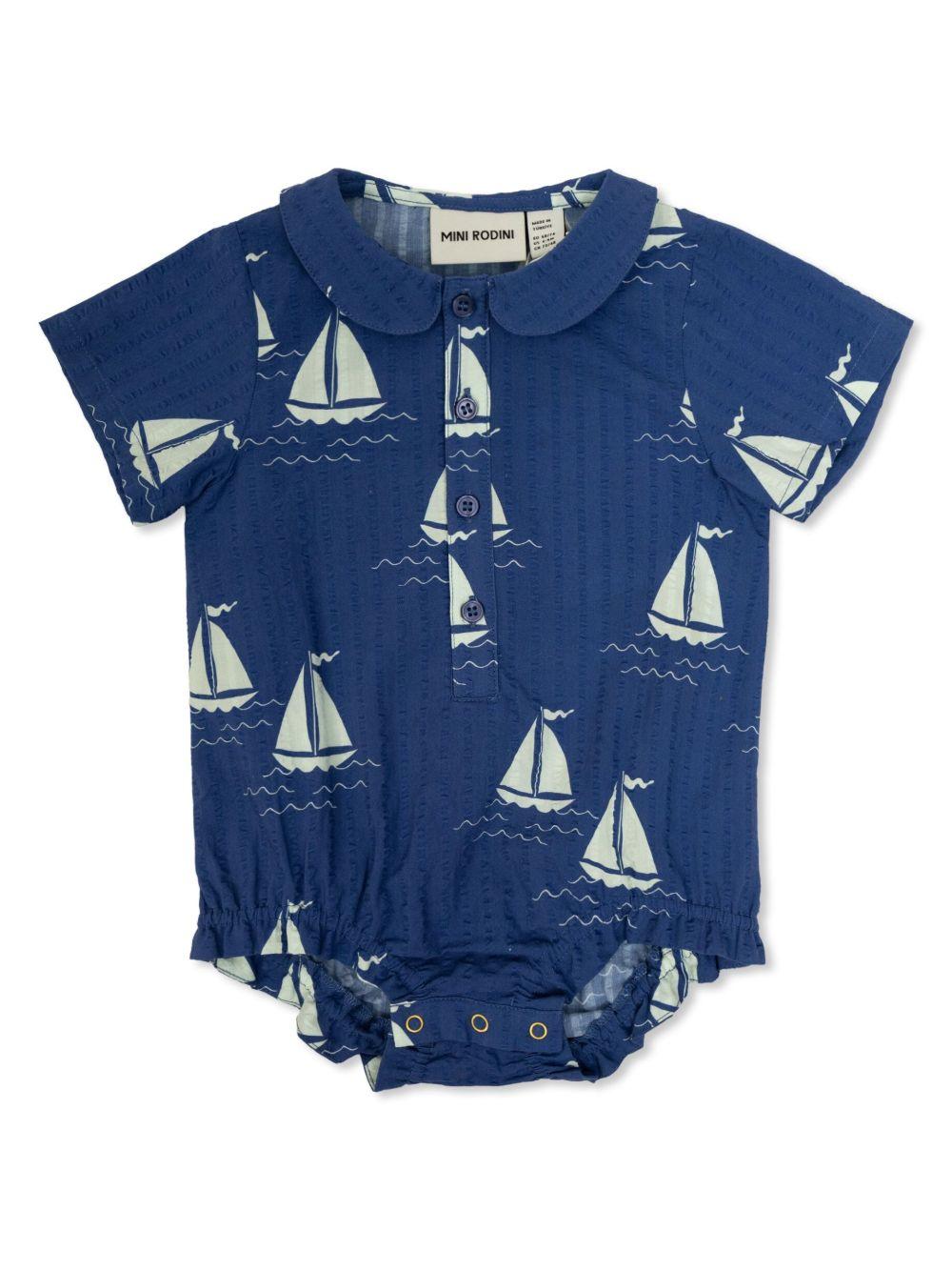 Camicia per neonato Mini Rodini blu con stampa e dettagli con ruches - Rubino Kids