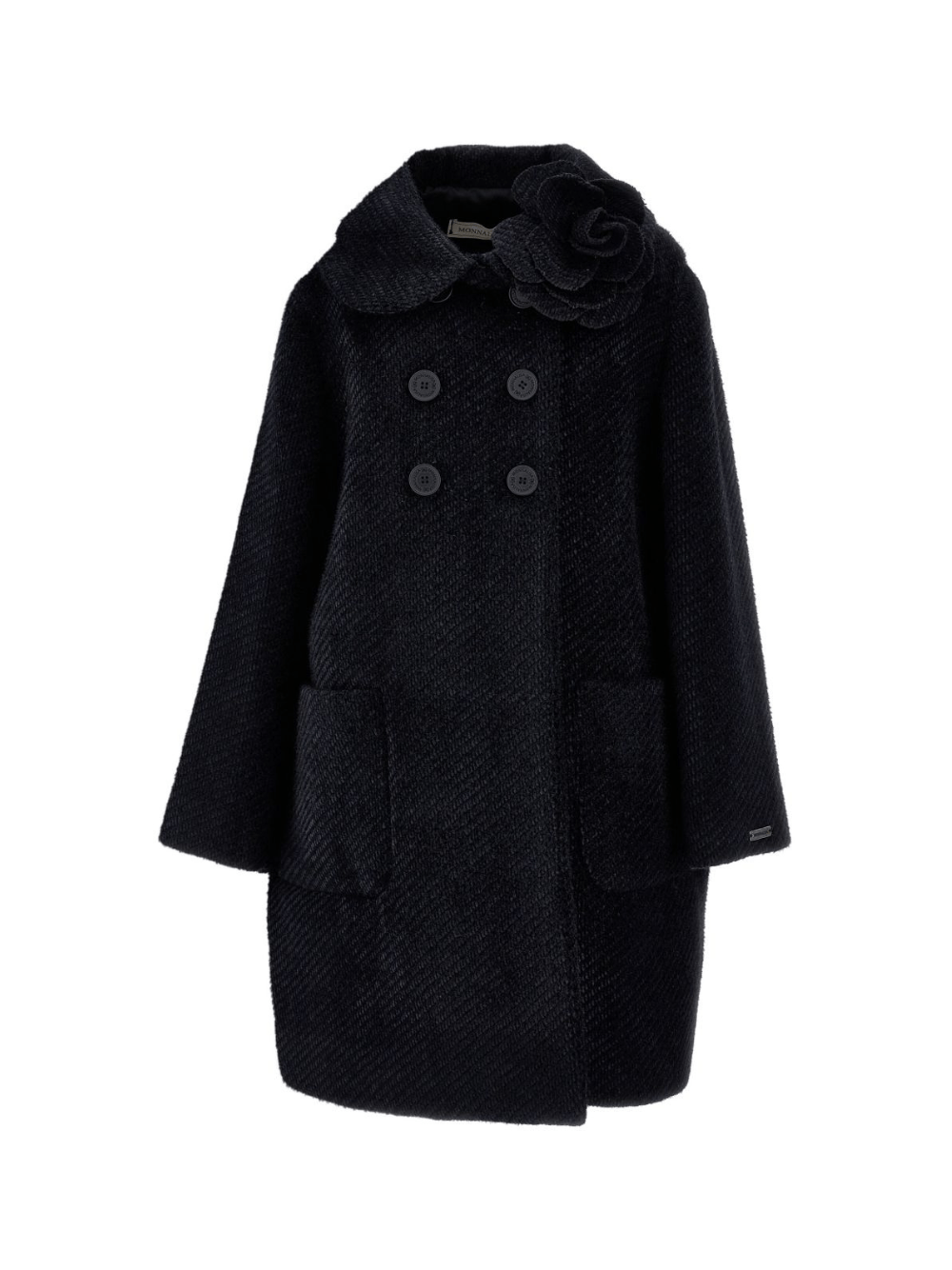 Cappotto doppiopetto per bambina Monnalisa nero con decorazione a fiore - Rubino Kids