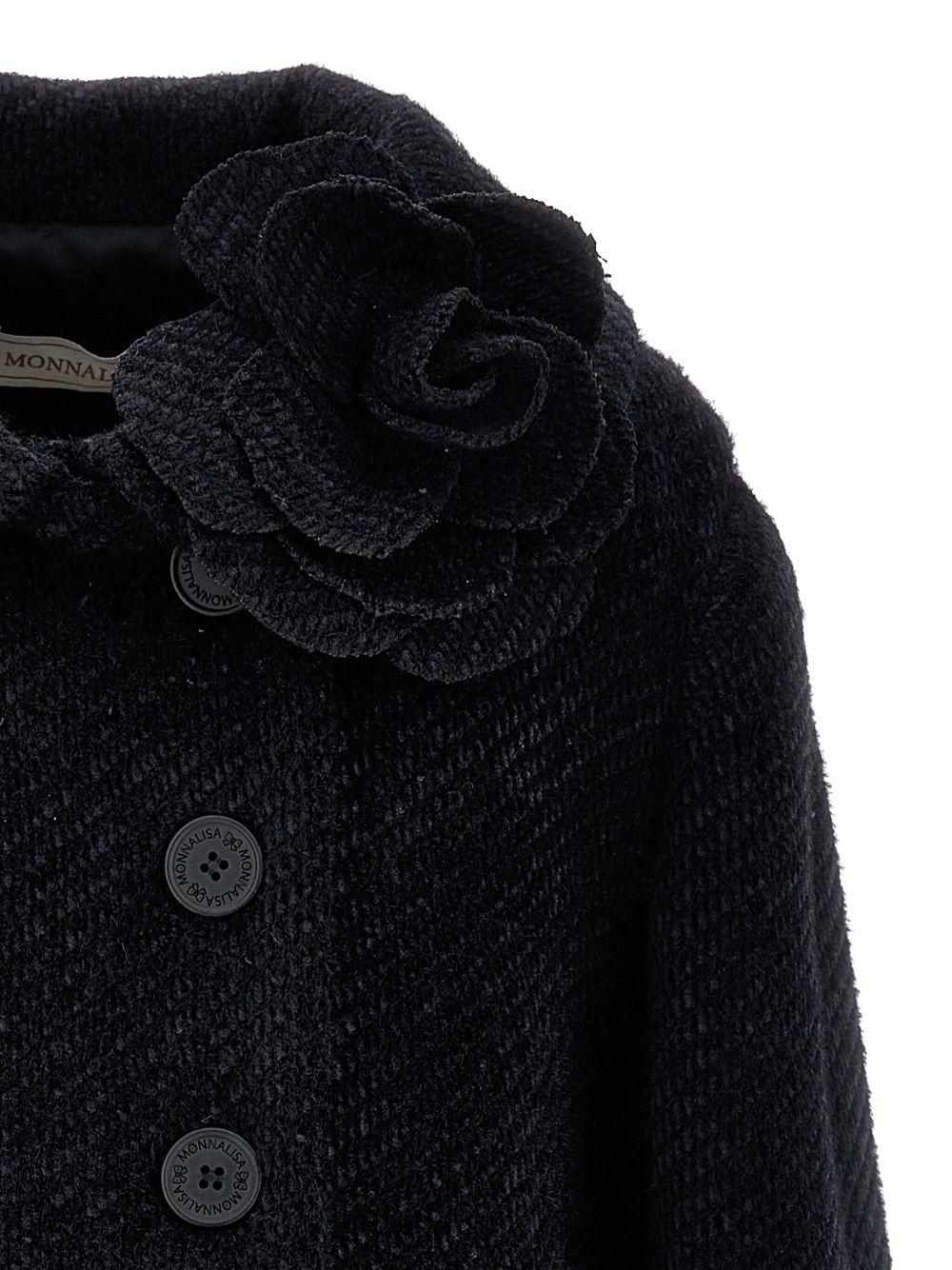 Cappotto doppiopetto per bambina Monnalisa nero con decorazione a fiore - Rubino Kids