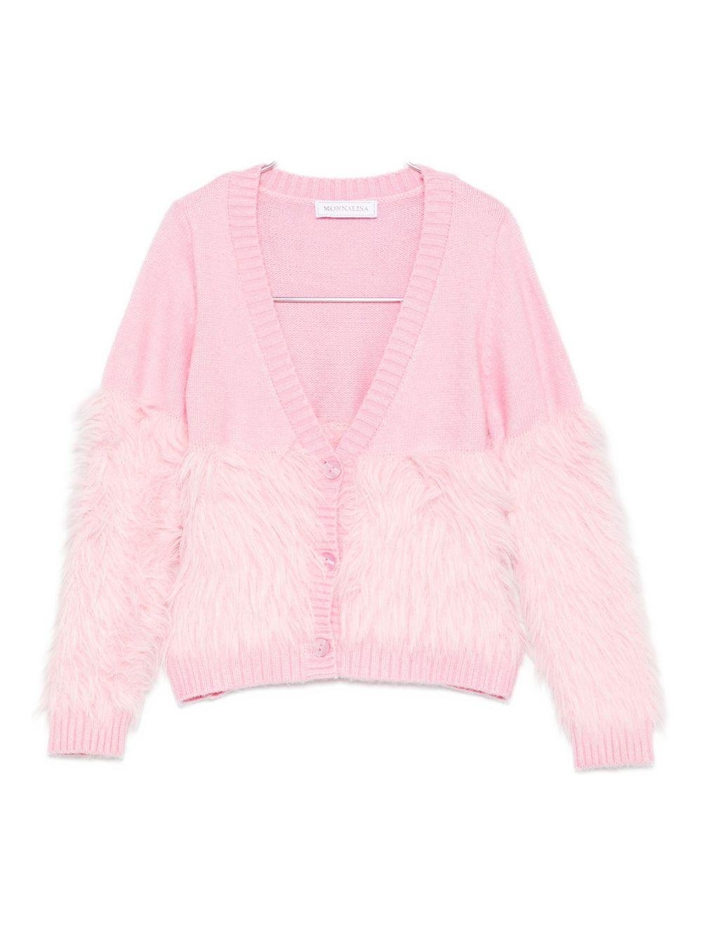 Cardigan per bambina Monnalisa rosa con rifiniture in pelliccia - Rubino Kids