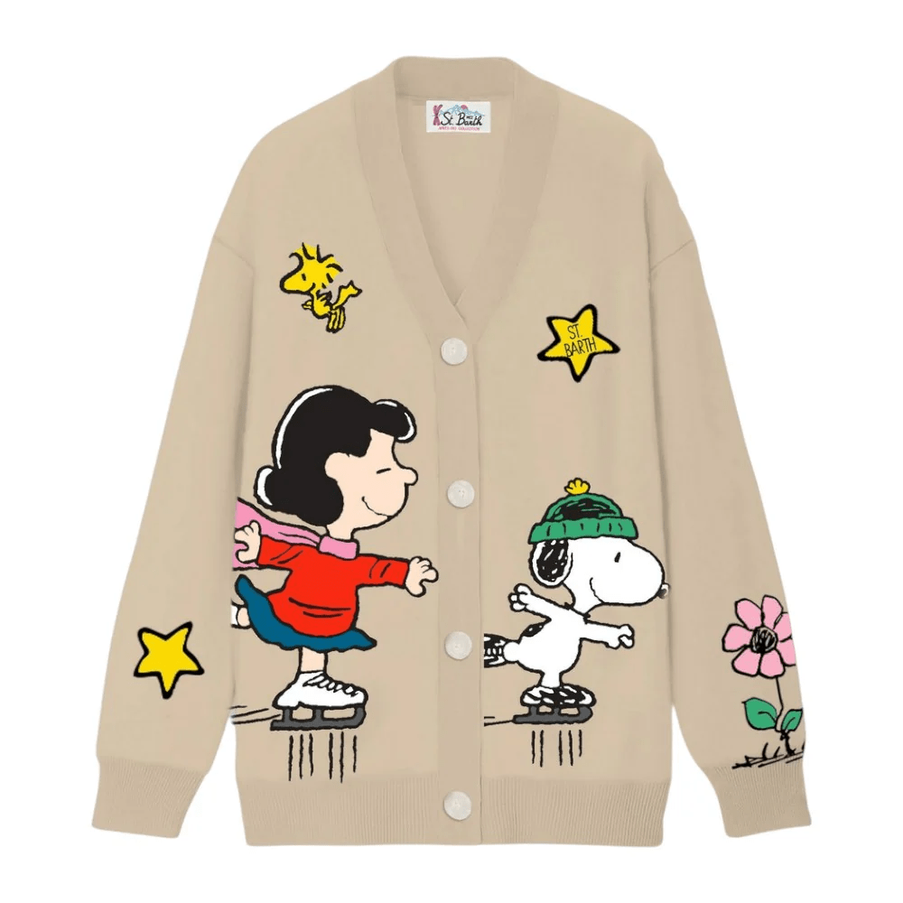 Cardigan per bambini MC2 Saint Barth Kids beige con stampa Peanuts Snoopy Skating - Rubino Kids