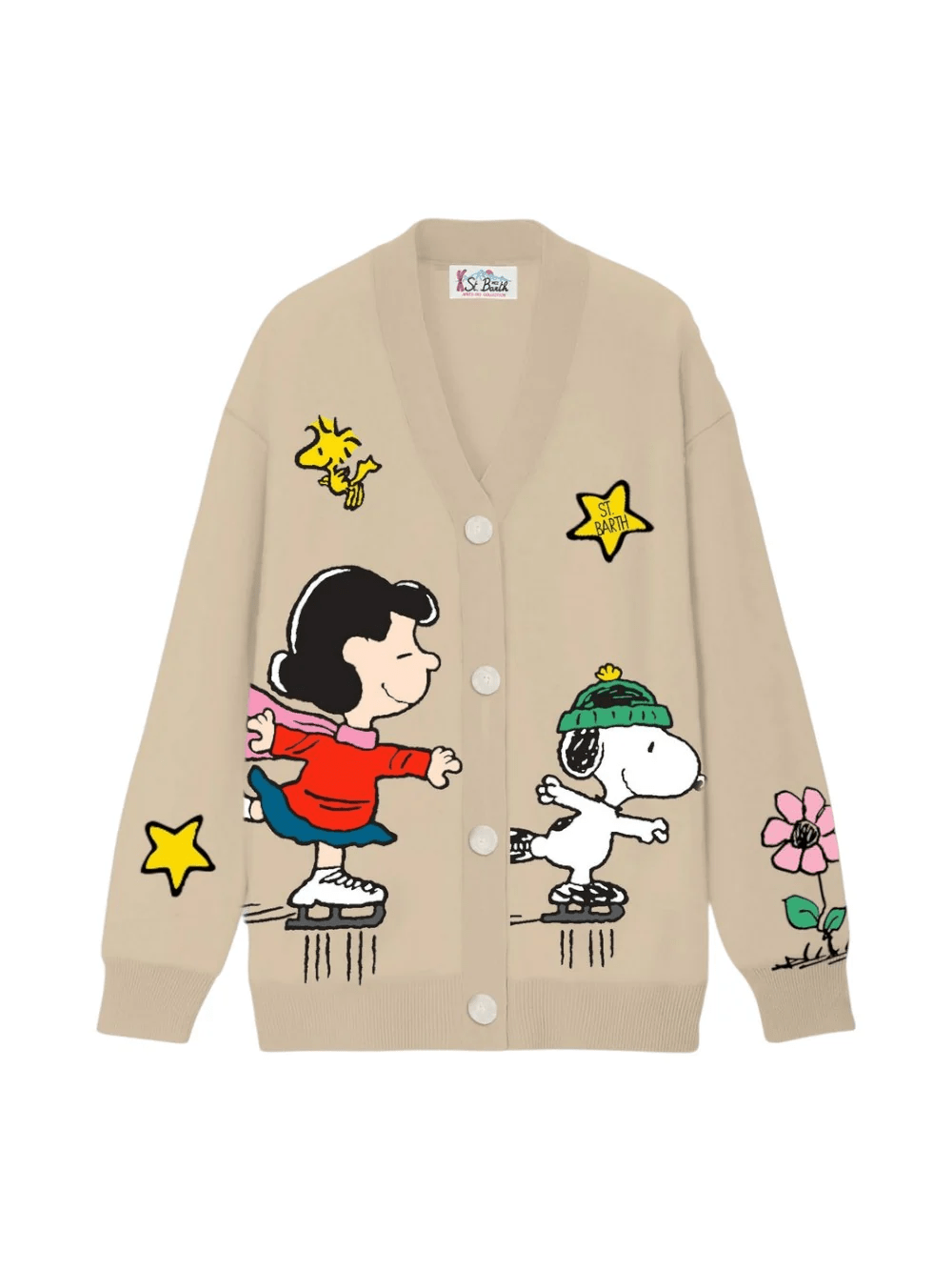 Cardigan per bambini MC2 Saint Barth Kids beige con stampa Peanuts Snoopy Skating - Rubino Kids