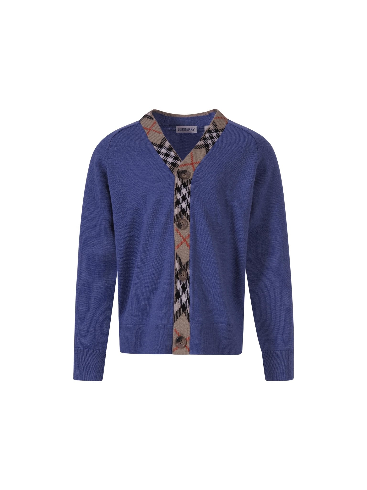 Cardigan per bambino Burberry Kids blu con bordo a quadri - Rubino Kids