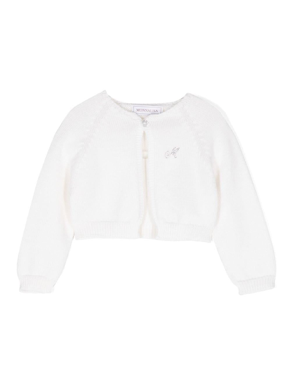 Cardigan per neonata Monnalisa bianco con applicazione con logo di strass - Rubino Kids