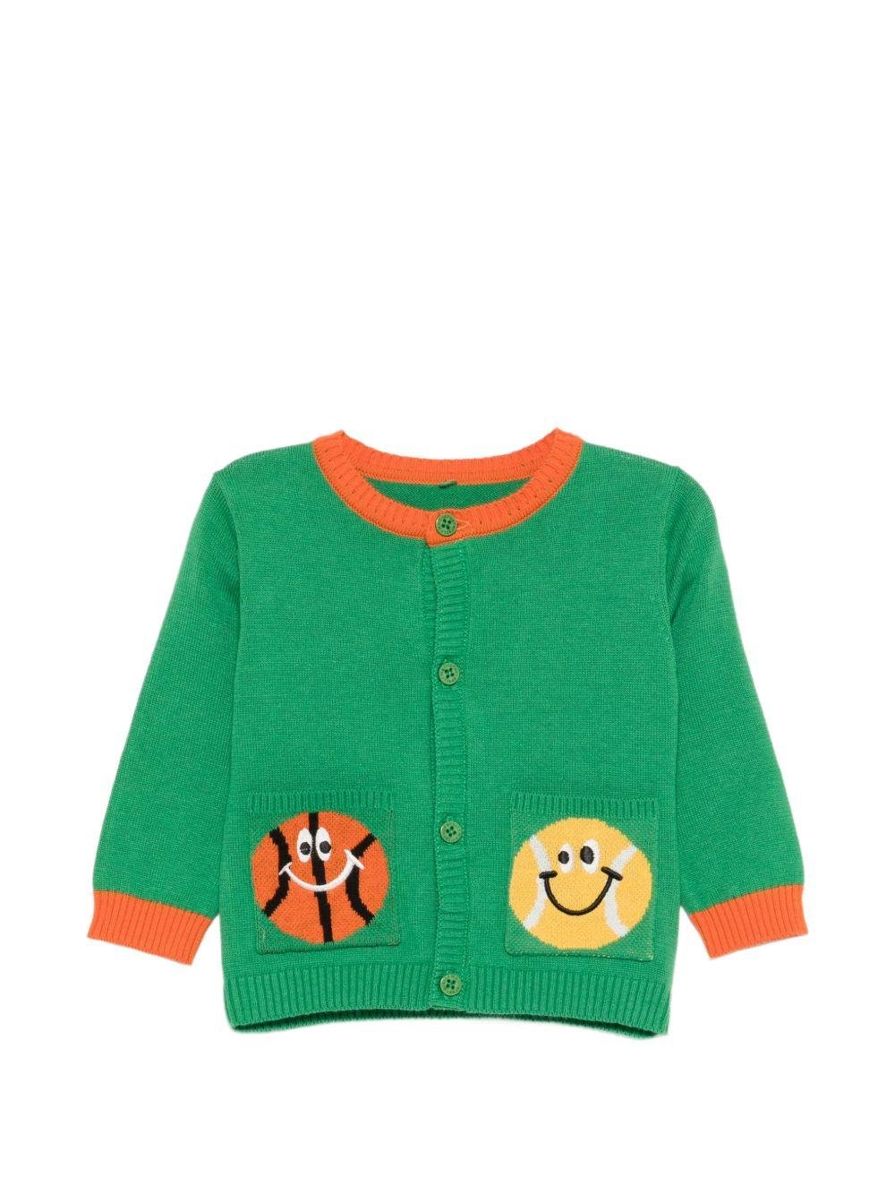 Cardigan per neonato Stella McCartney Kids verde con ricamo palline da tennis e basket - Rubino Kids