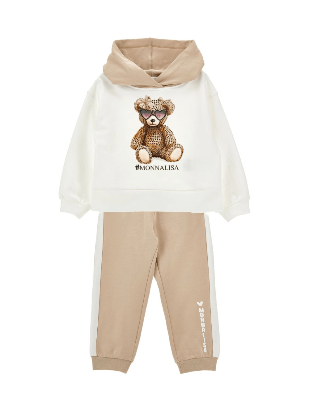 Completo felpa e pantaloni per bambina Monnalisa beige con stampa Bear - Rubino Kids