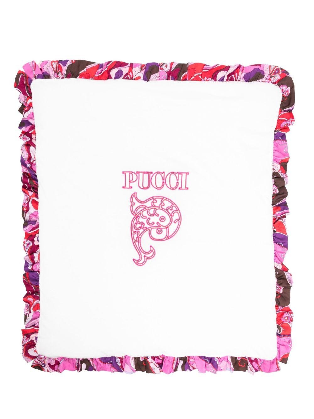 Coperta per neonata Emilio Pucci Junior bianca con stampa del logo arricciata - Rubino Kids