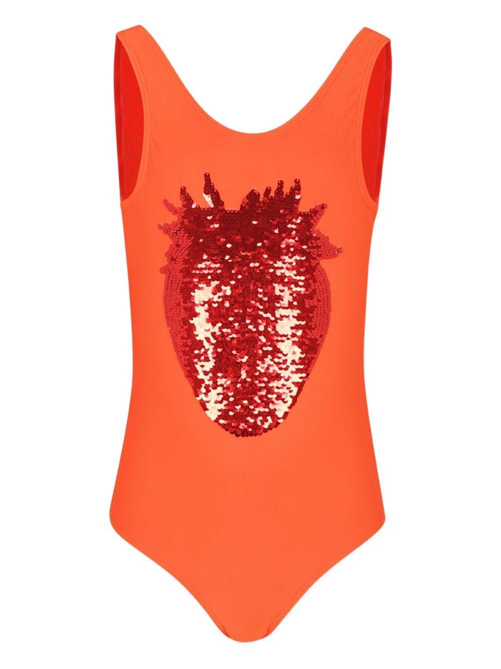 Costume intero per bambina Molo arancione con paillettes e apertura sul retro - Rubino Kids