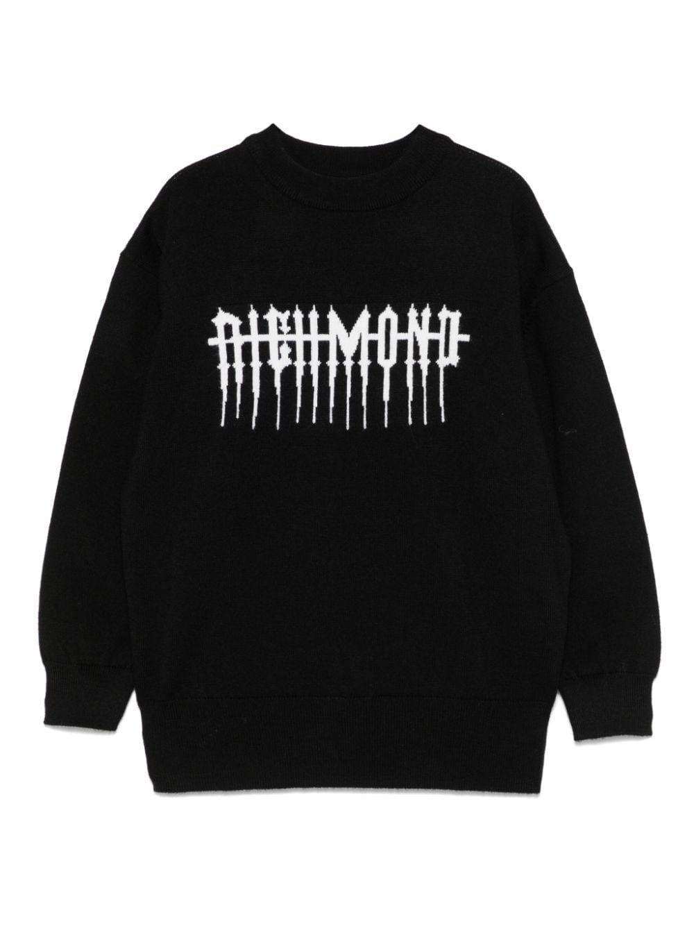 Felpa con effetto jacquard per bambino John Richmond Junior nero con mini targhetta con logo - Rubino Kids