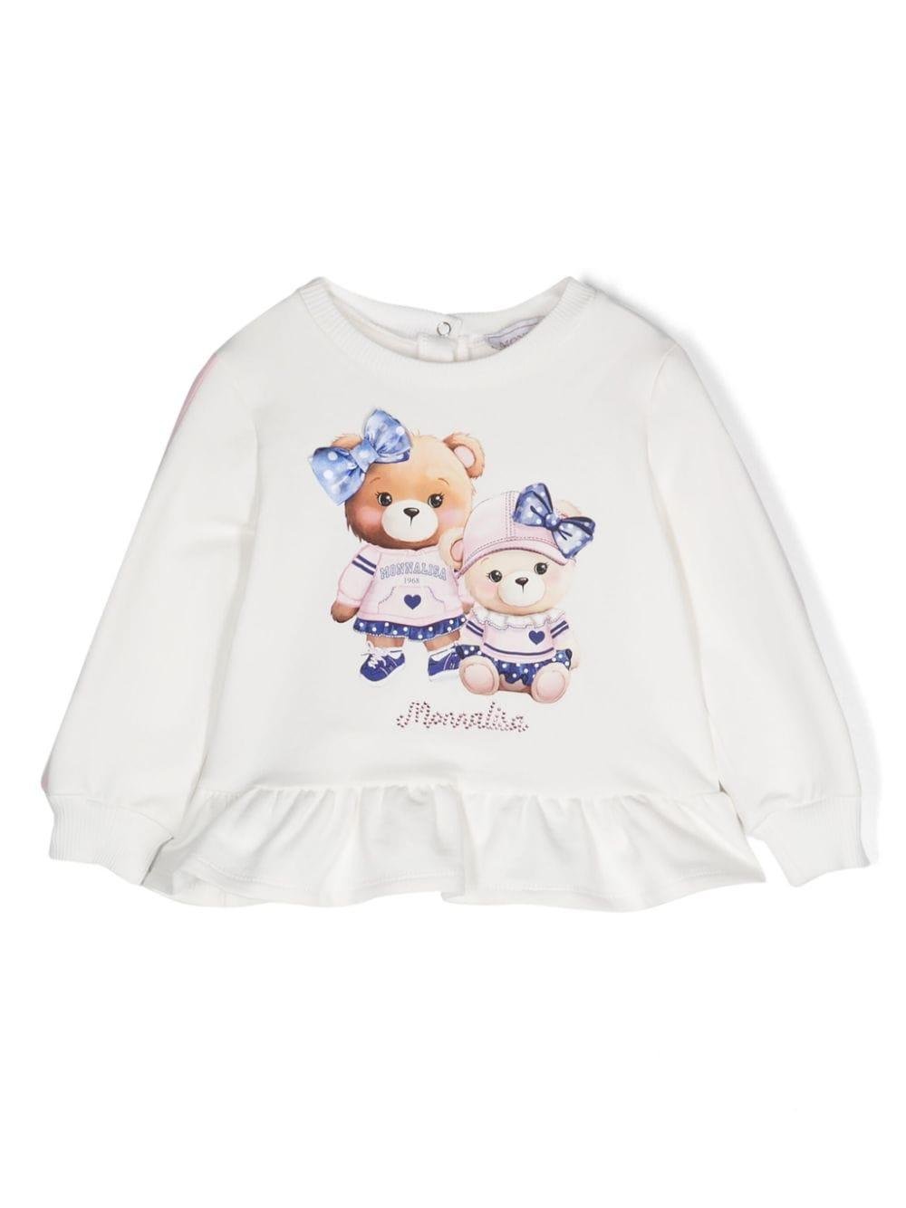 Felpa con stampa Teddy Bear per neonata Monnalisa bianco con girocollo a coste - Rubino Kids