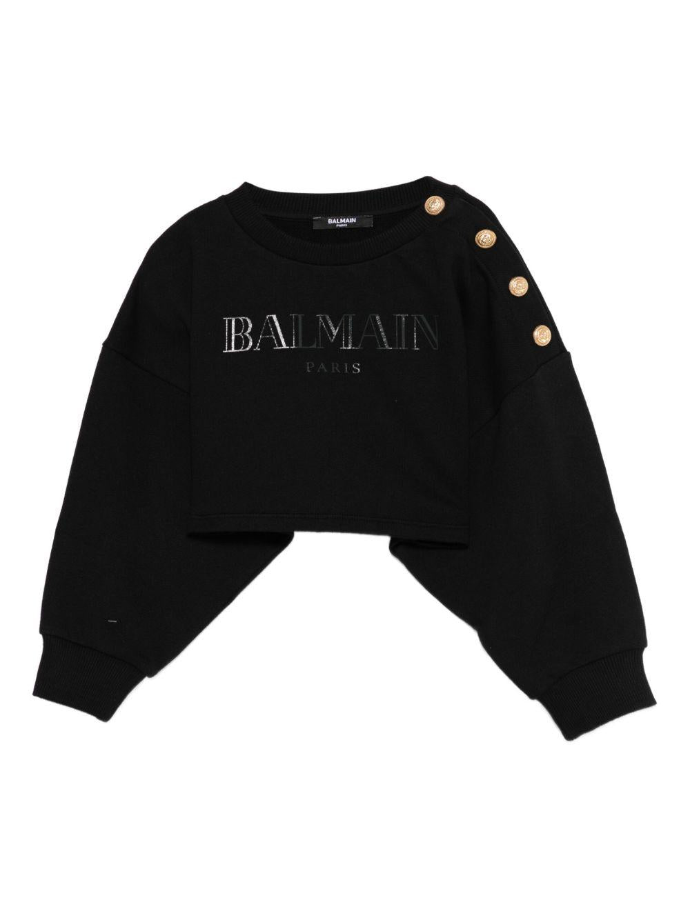 Felpa per bambina Balmain Kids nera con stampa logo e bottoni - Rubino Kids