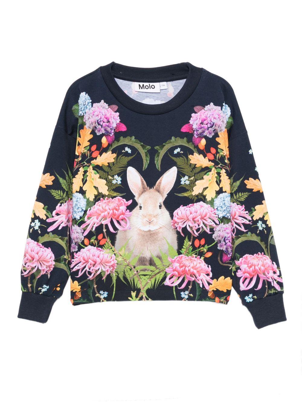Felpa per bambina Molo blu con stampa floreale e coniglio - Rubino Kids