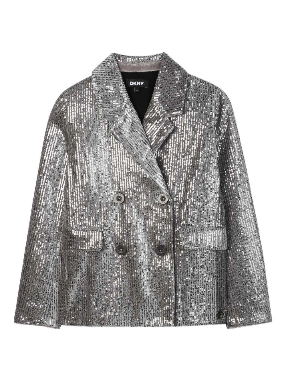 Giacca doppiopetto per bambina Dkny Kids argento con decorazione con paillettes all - over - Rubino Kids