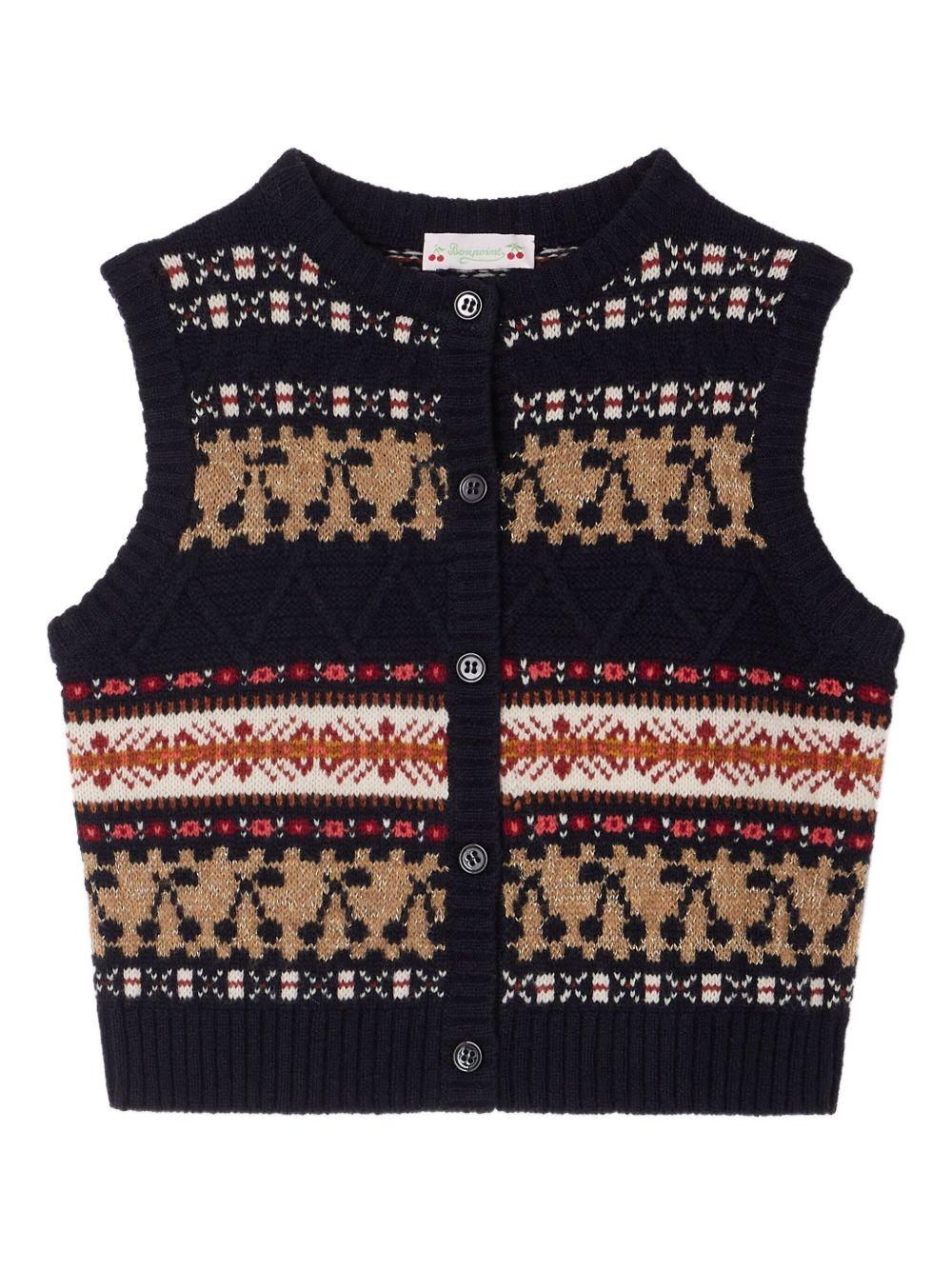 Gilet per bambina Bonpoint blu in lana con bottoni motivo Fair Isle Janou - Rubino Kids