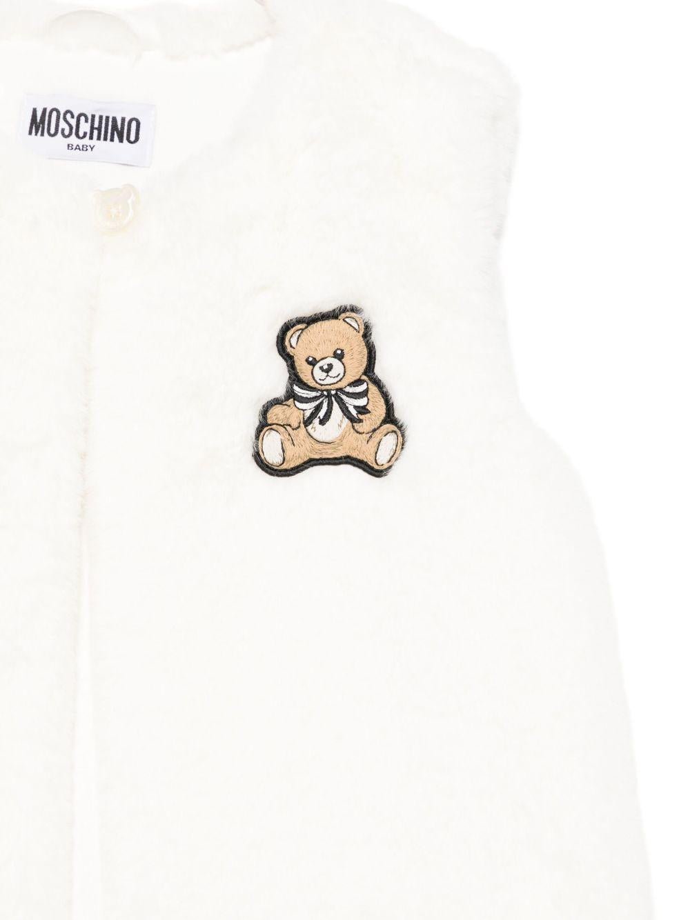 Gilet per neonata Moschino Kids bianco con applicazione Teddy Bear - Rubino Kids
