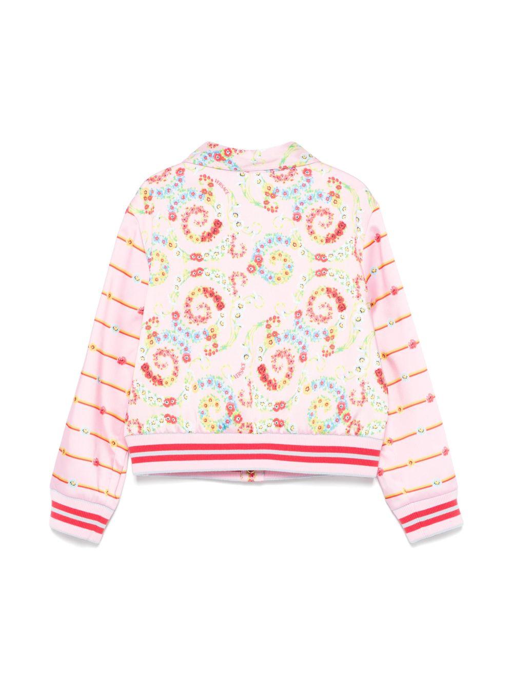 Giubbino per bambina Versace Kids rosa barocco flowers con orlo e polsini a coste - Rubino Kids