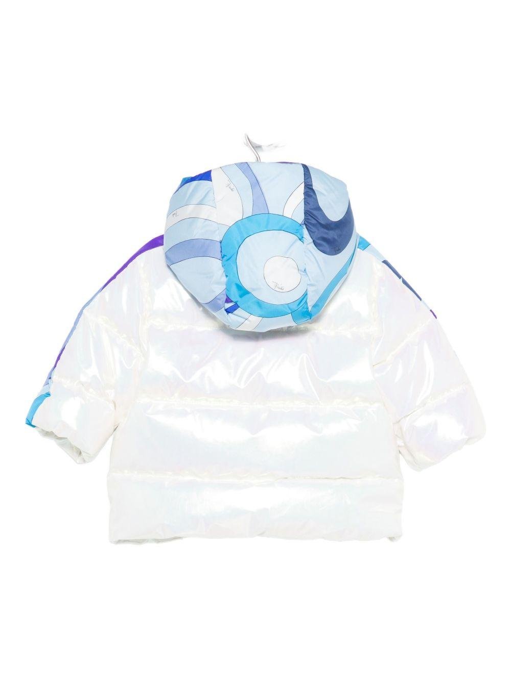Giubbino per neonata Emilio Pucci Junior bianco con cappuccio con stampa geometrica azzurra - Rubino Kids