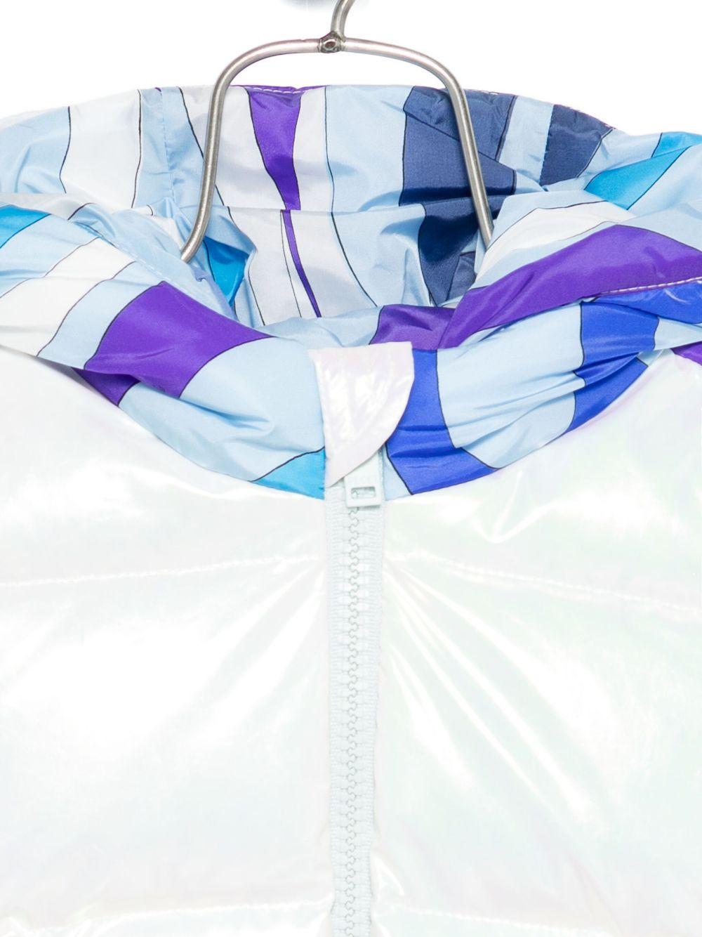 Giubbino per neonata Emilio Pucci Junior bianco con cappuccio con stampa geometrica azzurra - Rubino Kids